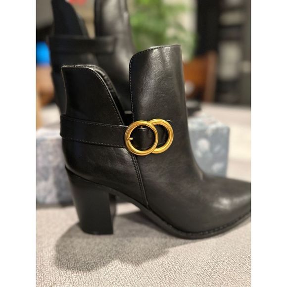 JayGate Womens Pointed Toe Side V Cutout Ankle Chunky Block Heel Boots - Picture 6 of 9